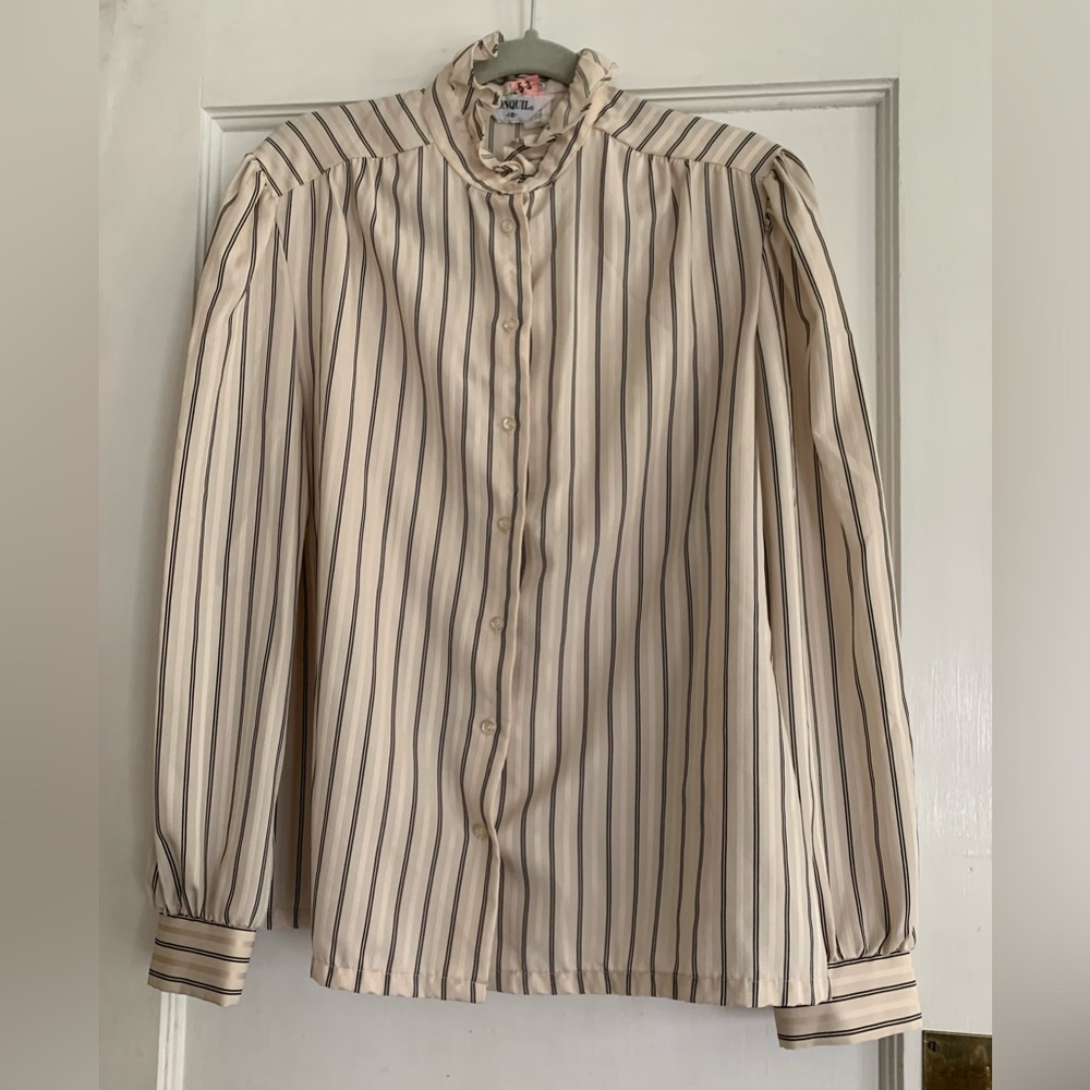 Vintage Jonquil Blouse Women Sze 18 High Collar Victorian Style Cream Stripes